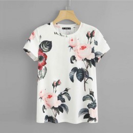 Camiseta de cuello redondo con estampado de flores SHEIN para mujer, camiseta de verano de manga corta Casual de fin de semana 2