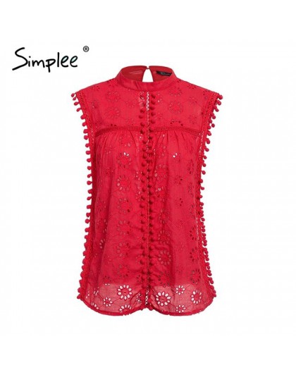 Simplee elegante camiseta sin mangas mujer blusa algodón bordado camisas rojas feminina sexy superior Soporte cuello borla pompó
