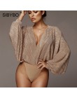 Sibybo Deep v-cuello Patchwork Sexy Bodysuit moda mujer manga larga suelta mujer mono Casual otoño mono 2019