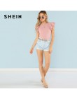 SHEIN de detalle de volantes body texturizado 2018 verano cuello redondo de Body ropa mujeres Rosa sólido Casual