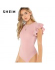 SHEIN de detalle de volantes body texturizado 2018 verano cuello redondo de Body ropa mujeres Rosa sólido Casual