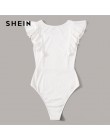 SHEIN Ruffle Armhole sólido Bodysuit blanco sólido verano sin mangas cuello redondo Mujer ropa 2019 body ajustado sexy