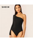 SHEIN body ajustado con forma de un hombro elástico Sexy sólido manga larga básica Bodysuits mujer 2019 verano