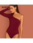SHEIN body ajustado con forma de un hombro elástico Sexy sólido manga larga básica Bodysuits mujer 2019 verano