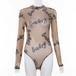 Criptográfico Body de malla transparente Bodycon trajes Sexy Slim mujeres de manga larga tops con letra impresa de cuerpo ropa
