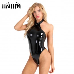 Mujer Wetlook Sexy catsuit para club Swimsuit charol Halter leotardo de espalda descubierta Bodysuit para fiesta de noche disfra
