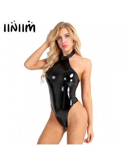 Mujer Wetlook Sexy catsuit para club Swimsuit charol Halter leotardo de espalda descubierta Bodysuit para fiesta de noche disfra