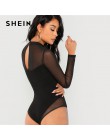 SHEIN negro Oficina señora elegante Mock cuello malla Panel manga larga Delgado sólido Bodysuit 2018 otoño Sexy Casual mujeres B