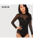 SHEIN negro Oficina señora elegante Mock cuello malla Panel manga larga Delgado sólido Bodysuit 2018 otoño Sexy Casual mujeres B