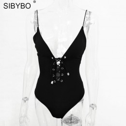 Sibybo Sexy Lace Up Bodysuit mujer 2019 verano espalda descubierta Deep V Neck traje Delgado ceñido Mono para mujer monos