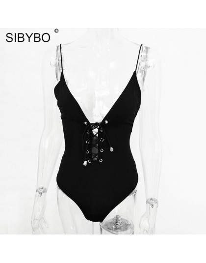 Sibybo Sexy Lace Up Bodysuit mujer 2019 verano espalda descubierta Deep V Neck traje Delgado ceñido Mono para mujer monos
