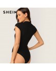 SHEIN negro abierto frente Mock-Neck Cap Sleeve Bodysuit mujeres Primavera Verano elegante soporte cuello sólido cintura media a