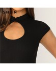 SHEIN negro abierto frente Mock-Neck Cap Sleeve Bodysuit mujeres Primavera Verano elegante soporte cuello sólido cintura media a