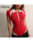 Waatfaak cuello vuelto cremallera Up mono ajustado rojo Patchwork rojo ajustado de manga corta de algodón Casual mujeres Bodysui