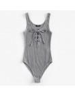 SHEIN Lace Up Front Rib knitted Heathered Bodysuit gris cuello redondo sin mangas verano Sexy Skinny Body Suits para mujer