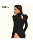SHEIN negro Collar con detalle de volante de Slim equipado Skinny body liso de manga larga de las mujeres de la primavera de 201