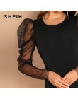 SHEIN Night Out moderna señora negro contraste malla Gigot manga media cintura Skinny Bodysuit mujeres otoño liso elegante Bodys