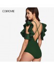 Color Verde sin espalda volantes en capas hombro frío entrecruzado espalda verano Sexy Bodysuit mujeres 2018 ceñidos elásticos