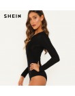 SHEIN negro Oficina señora Casual cuello redondo manga larga media cintura Delgado sólido Bodysuit 2018 otoño ropa de trabajo mu