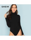 SHEIN negro Oficina señora elegante de cuello alto de punto de brezo Delgado sólido mediados de la cintura Bodysuit 2018 otoño C