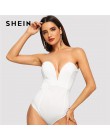 SHEIN blanco Sweetheart Bustier Bodysuit Deep V cuello Sexy Casual body sin tirantes mujeres 2018 otoño liso elegante Bodysuits