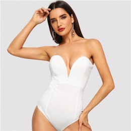 SHEIN blanco Sweetheart Bustier Bodysuit Deep V cuello Sexy Casual body sin tirantes mujeres 2018 otoño liso elegante Bodysuits