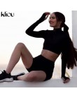 Conjuntos de dos piezas para Fitness fluorescentes para mujer nuevo de kliu 2019 Otoño de manga completa de cuello alto con crem