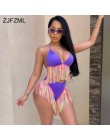 ZJFZML colorido borlas verano conjunto de dos piezas mujeres Halter cuello en V sin espalda Crop superior + púrpura alto Wiast c