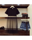 Calidad de lujo 2019 verano mujeres malla Patchwork negro Camiseta larga + borla pantalones cortos de mezclilla conjuntos de 2 p