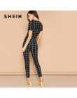 SHEIN Twist Front Grid Crop superior y pantalones flacos juego de ropa de mujer primavera elegante manga corta Plaid conjunto de
