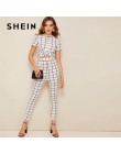SHEIN Twist Front Grid Crop superior y pantalones flacos juego de ropa de mujer primavera elegante manga corta Plaid conjunto de
