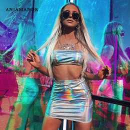 Anjamoral holográfico, con brillo Sexy conjunto de dos piezas verano 2019 mujer Club Outfits Crop Top y falda ceñido al cuerpo V