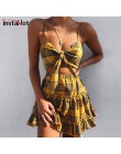 InstaHot amarillo Plaid 2 piezas Set mujer verano fruncido volantes cintura elástica falda y arco Crop superior Sexy 2018 nuevo 