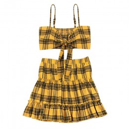 InstaHot amarillo Plaid 2 piezas Set mujer verano fruncido volantes cintura elástica falda y arco Crop superior Sexy 2018 nuevo 