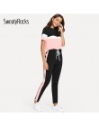 SweatyRocks Color bloque Tee y cinta de cordón pantalones conjunto Streetwear manga corta Mujer chándal 2019 primavera Casual co