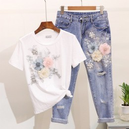 ALPHALMODA 3D flor aplique moda camiseta pantalones vaqueros delgados mujeres trabajo pesado ropa de calidad fina para ropa de m