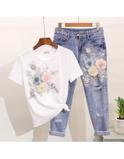 ALPHALMODA 3D flor aplique moda camiseta pantalones vaqueros delgados mujeres trabajo pesado ropa de calidad fina para ropa de m
