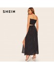 SHEIN, Polka Dot fruncido Bandeau Top y falda Maxi de las mujeres de verano HighStreet negro de cultivo Bandrau Maxi falda 2 PC