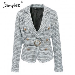Simplee Plaid chaqueta de tweed con borde deshilachado abrigo de mujer con cuello en V doble botonadura cinturón de mujer abrigo