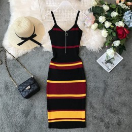 Nueva moda 2019 Delgado verano rayado estampado tejido algodón vaina Midi Vestido Mujer Spaghetti Strap Casual fiesta Bodycon Ve