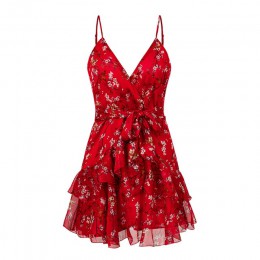 NLW elegante rojo estampado Vestido corto mujeres 2019 verano Sexy Correa V cuello espalda descubierta vestido de fiesta A-Line 