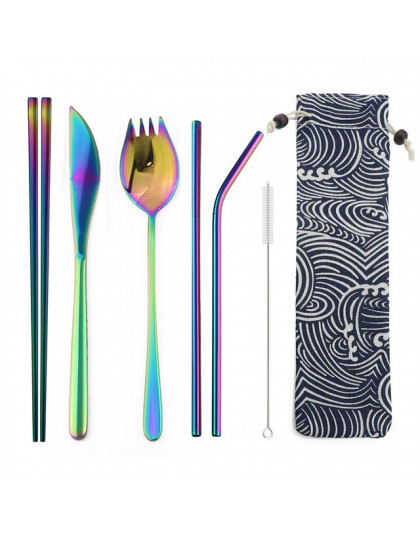 7 unids/set colorido portátil vajilla cubertería de acero inoxidable arco iris de la cena cuchillo vajilla establece la bolsa