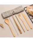 Vajilla juego de cubiertos de bambú juego de paja de madera con bolsa de tela de viaje cuchara de madera tenedor cuchillo juego 