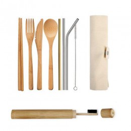 Cubiertos de madera juego de vajilla de paja de bambú juego de vajilla con bolsa de tela cuchillos tenedor cuchara platos palill