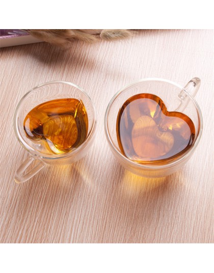 En forma de corazón de amor taza de vidrio de doble pared resistente Kungfu taza de té leche zumo de limón taza de bebida amante