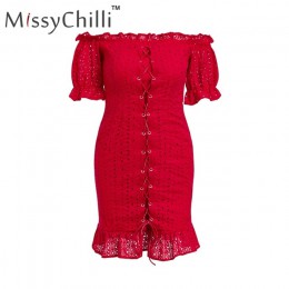 Missycool Rojo fuera del hombro volante otoño mini vestido mujer bodycon espalda descubierta encaje vestido corto elegante sexy 