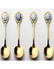 4 unids/set cucharas de acero inoxidable juego de mango de cerámica con incrustación cuchara de café Vintage chapado en oro cuch