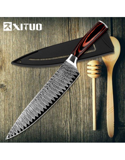 XITUO cuchillo de cocina cuchillos de Chef 8 pulgadas japonés de alto carbono acero inoxidable lijado láser patrón Santoku cuchi