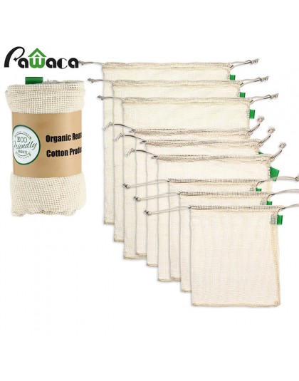 9 unids/set bolsas de malla de algodón orgánico de alta calidad reutilizable lavable bolsa con cordón para compras, comestibles,
