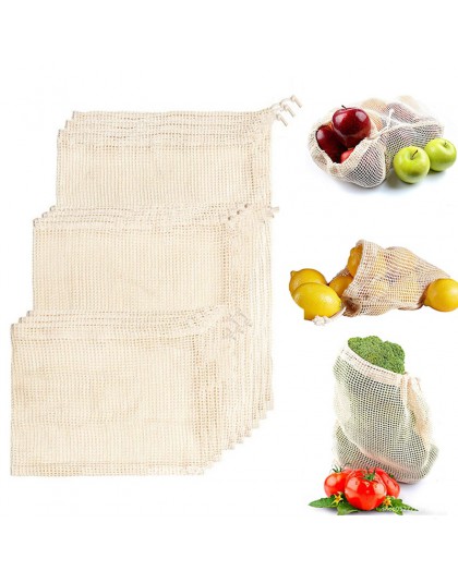 Bolsa reutilizable de malla de algodón bolsas de vegetales para almacenamiento de frutas bolsas de malla con cordón bolsa de com
